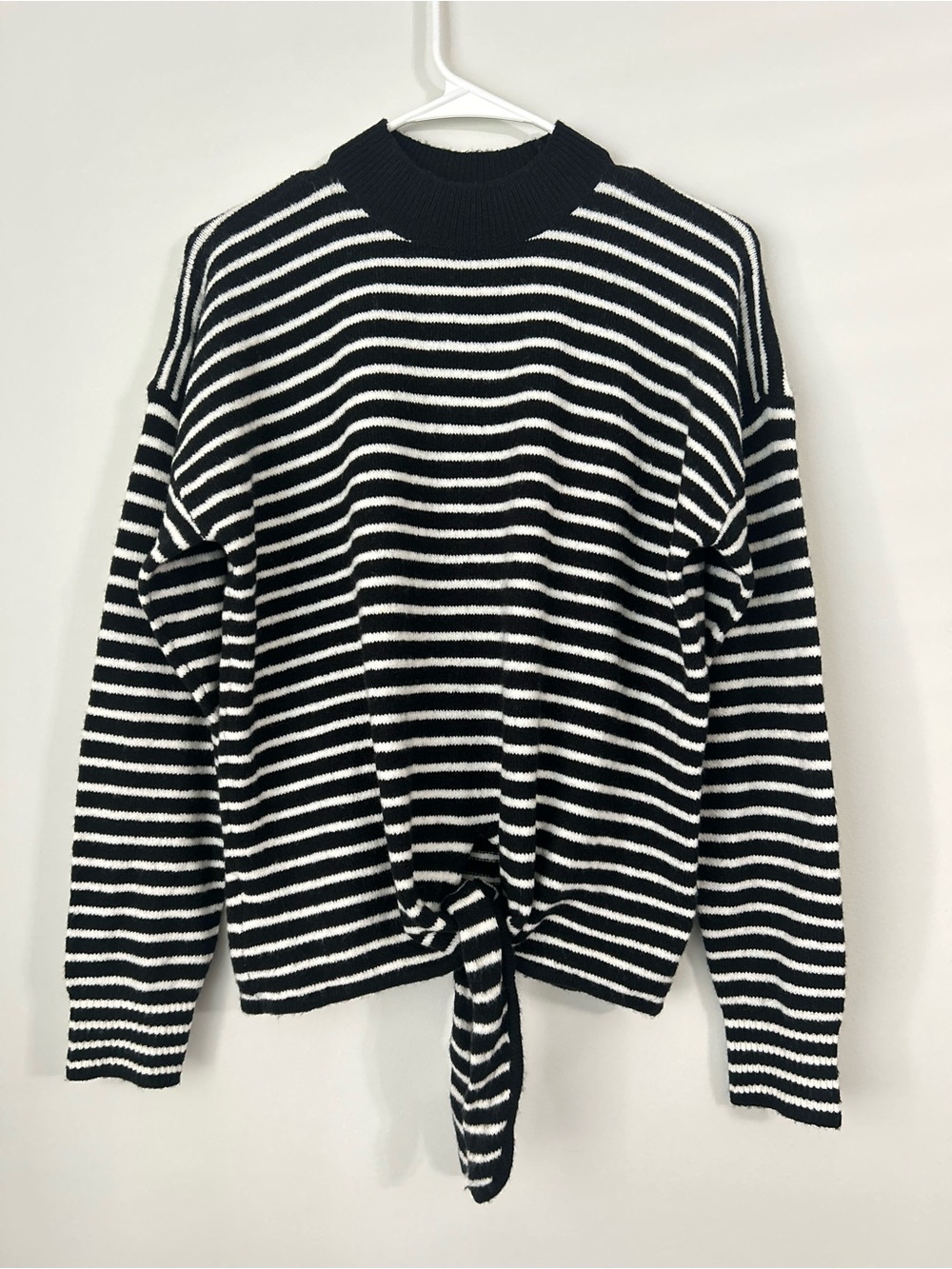 NWT LOFT Womens Sweater Black White Striped Pullover Wool Mock Neck Front Tie S